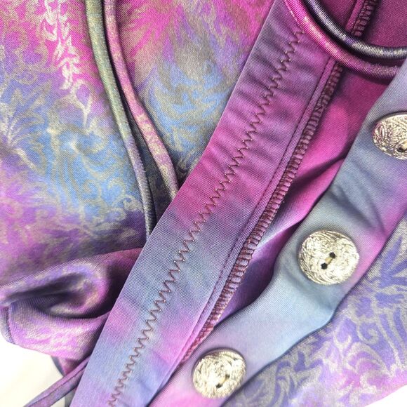 Vtg 80s Rose Marie Reid Rose Purple Pink Shimmery Silver Halter Swimsuit S/M/10 - Picture 14 of 16